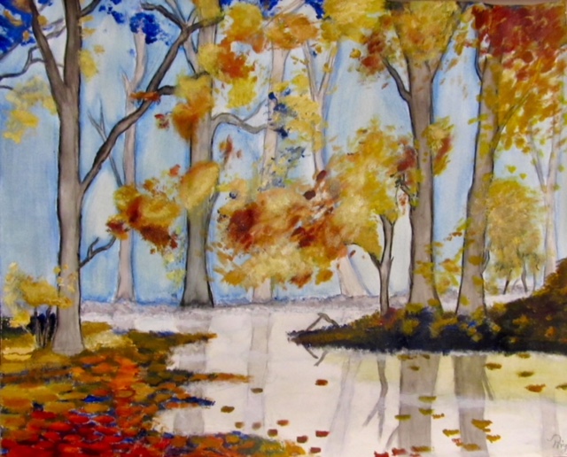 Priya's "Autumn Serenity" currently hangs Jean's nursing home room. It reminds her of Priya.