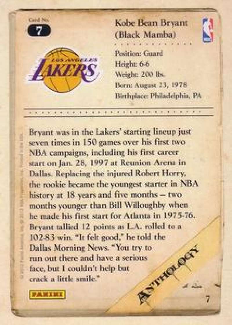 Pick Your Cards – 2012-13 Panini Anthology Kobe Bryant Singles (#1-200) – NBA Basketball Ungraded