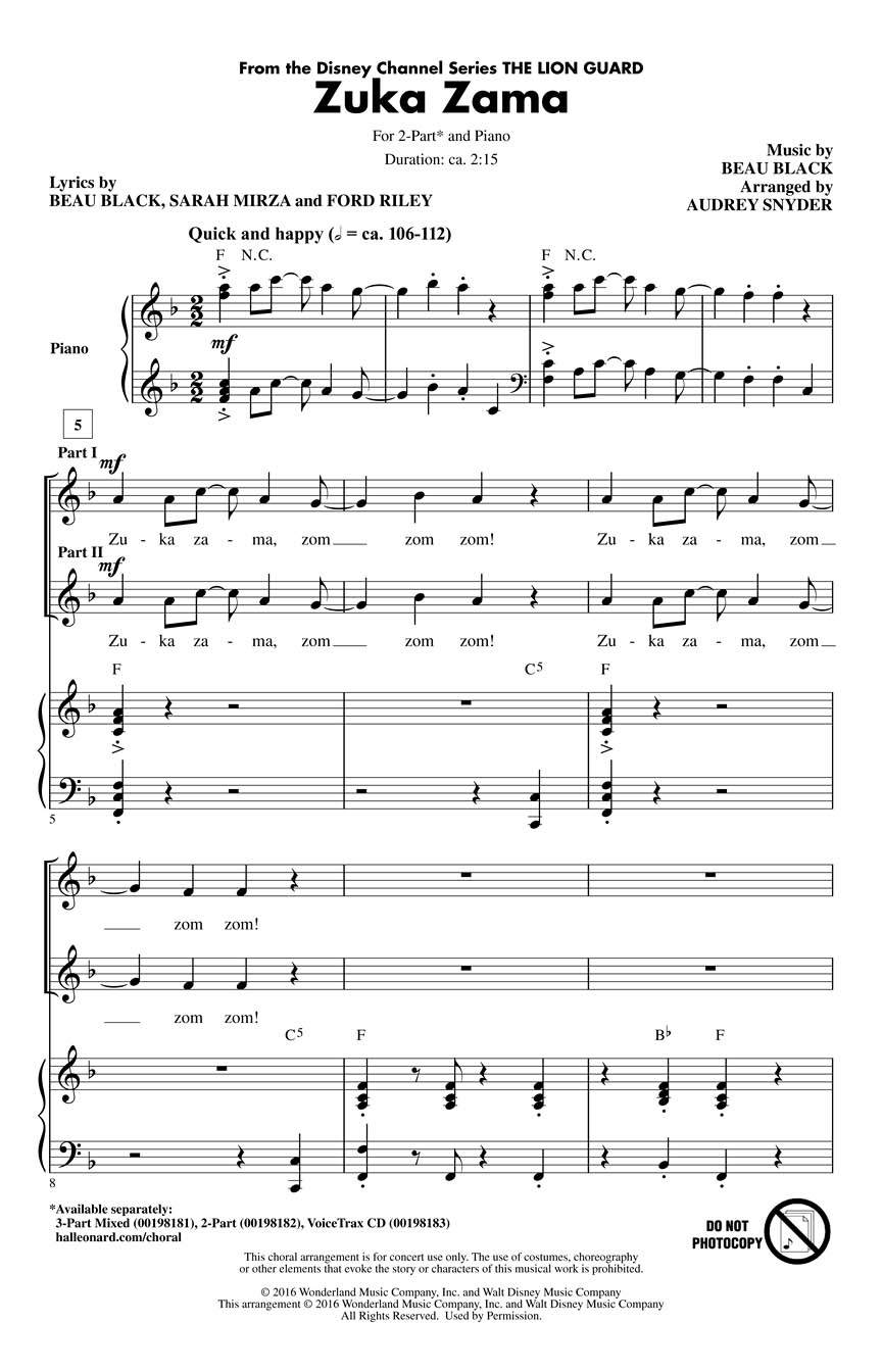 Zuka Zama (From The Lion Guard) Sheet Music by Audrey Snyder (SKU