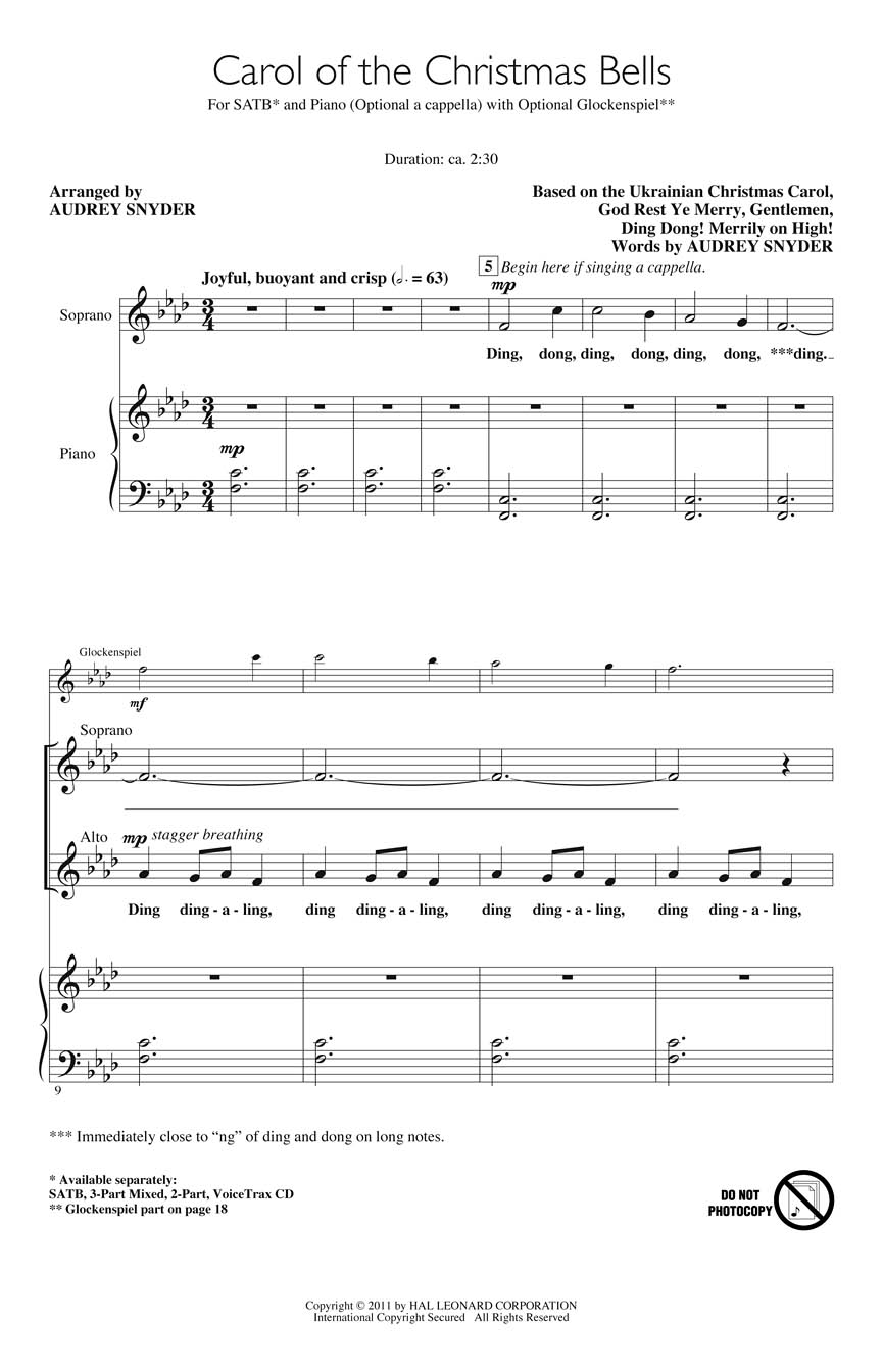 Carol of The Christmas Bells Sheet Music by Audrey Snyder (SKU