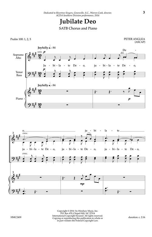 Sheet music image preview for Jubilate Deo by Peter Anglea.