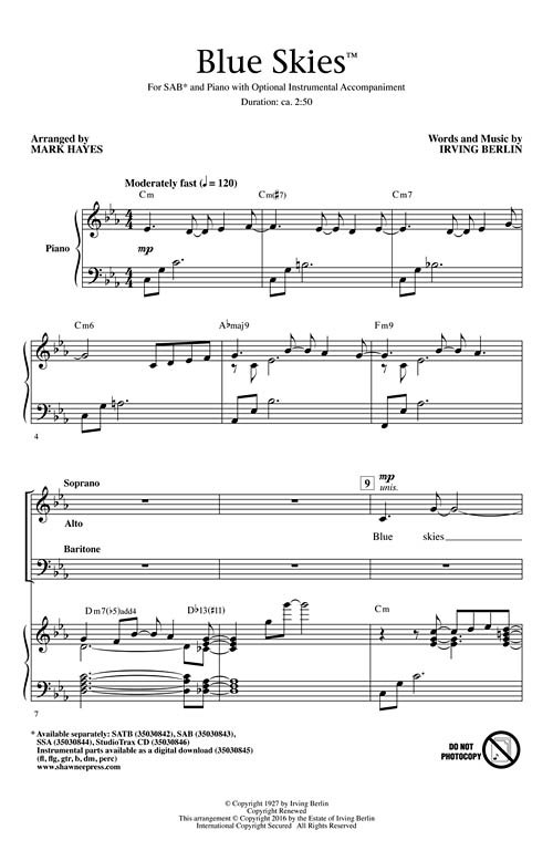 Blue Skies Sheet Music by Mark Hayes (SKU: 35030843) - Stanton's Sheet ...