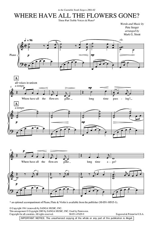 Where Have All The Flowers Gone Sheet Music by Mark G Sirett (SKU