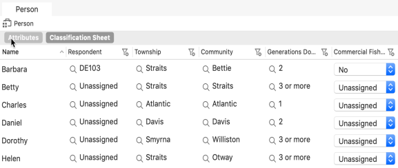Classification sheet showing cases and demographic information.