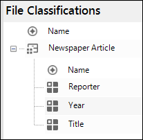 File classification called Newspaper Article displayed in list view with attributes for Reporter, Year and Title.