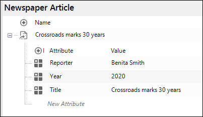 Setting the attribute values for a newspaper article.