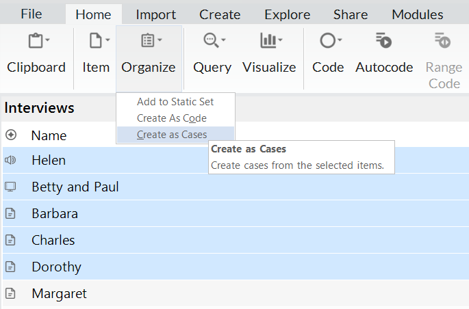 Creating cases from selected interviews in List View.