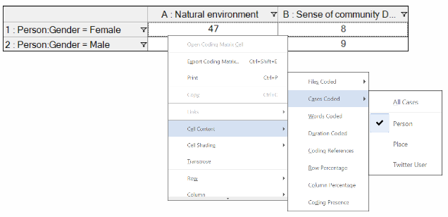 Matrix showing how many women mentioned a theme.