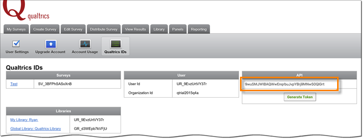 A Qualtrics screen with the API token highlighted