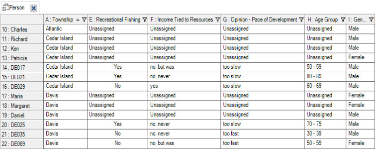 Participant classification sheet with cases and demographic information.