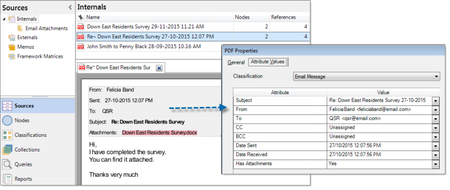 Emails header details are recorded as attribute values.