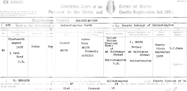 Brian Smith, Birth Certificate