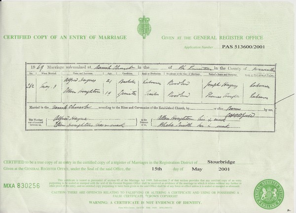 Marriage certificate Ellen Houghton and Alfred Haynes
