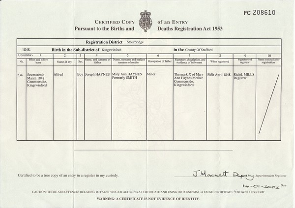 Birth certificate Alfred Haynes