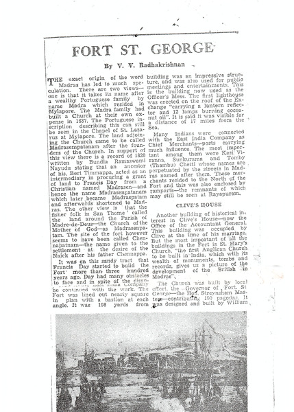 St George Fort, Madras, Newspaper Article 1 of 3