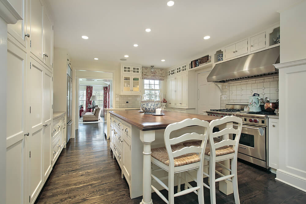 White and Cream Kitchen with Eat-In Butcher's Block Island
