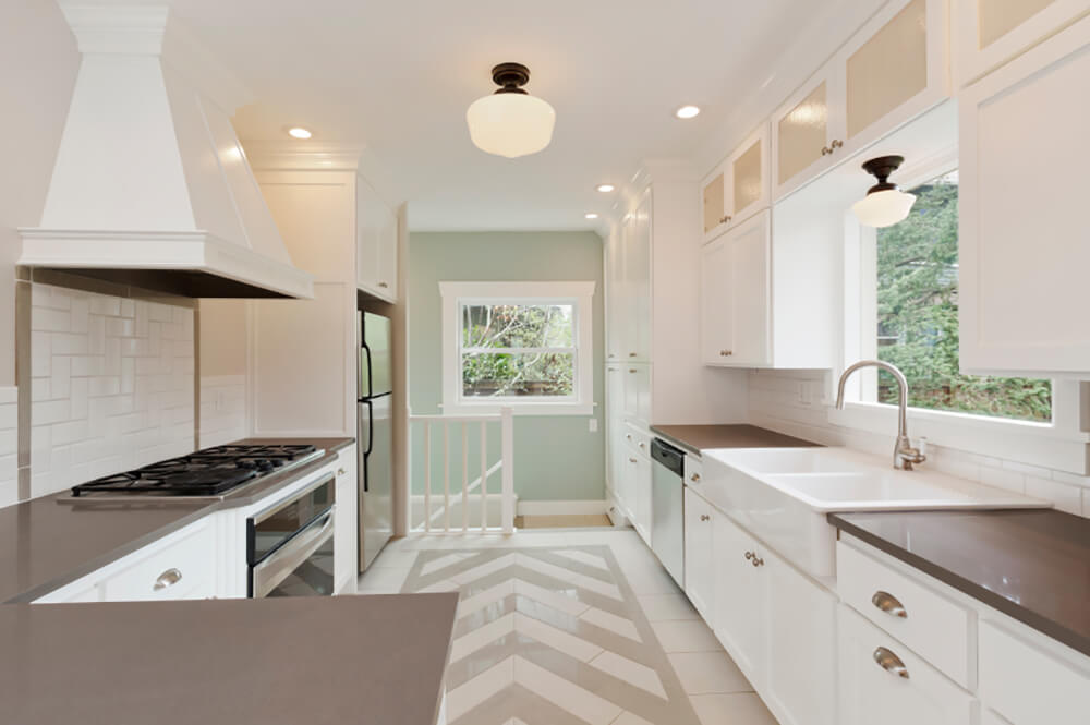 Quaint Contemporary Kitchen with Chevron Patterned Floors