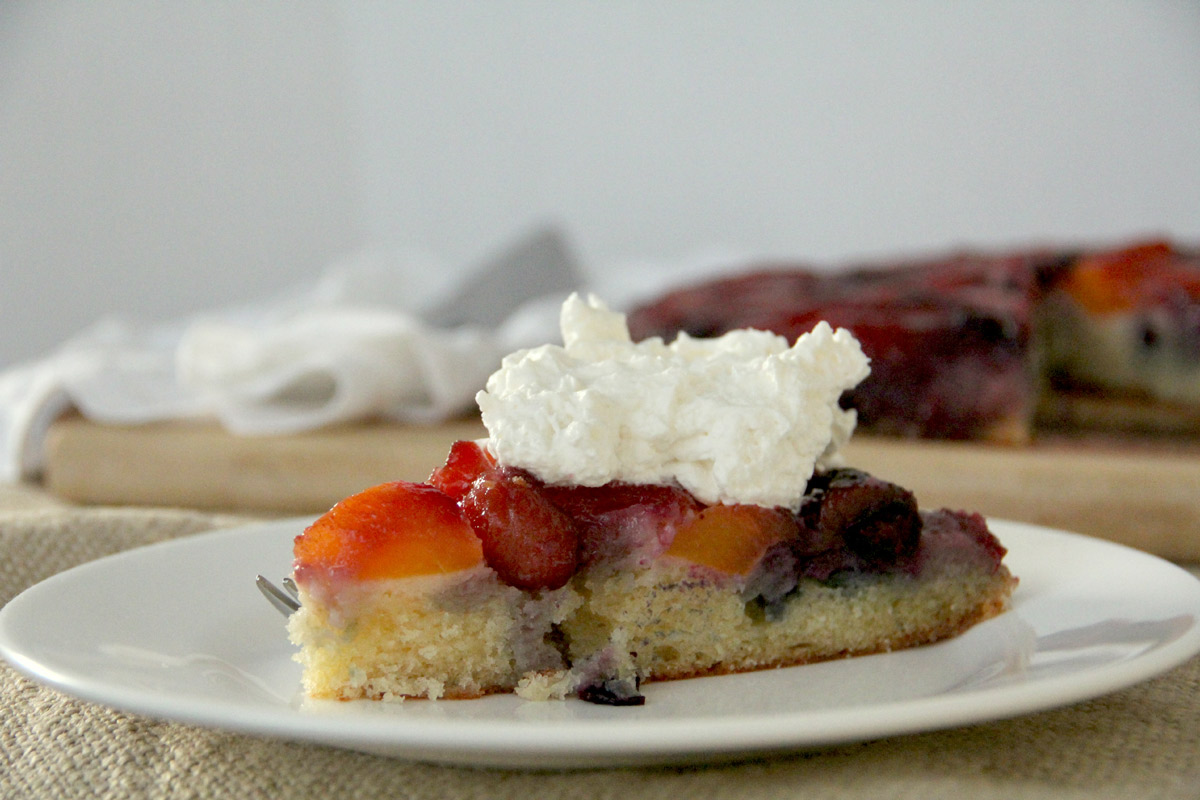 Slice of peach upside down cake