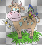 vache qui mange des fleurs et papillons