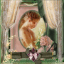 Woman's portrait with flowers behind of the curtains