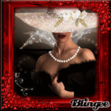 Lady with white hat in frame with red flowers
