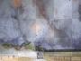 Truck with bushfire coming.