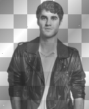 Darren Criss actor, leather jacket transparent, black and white (nyeSte*)