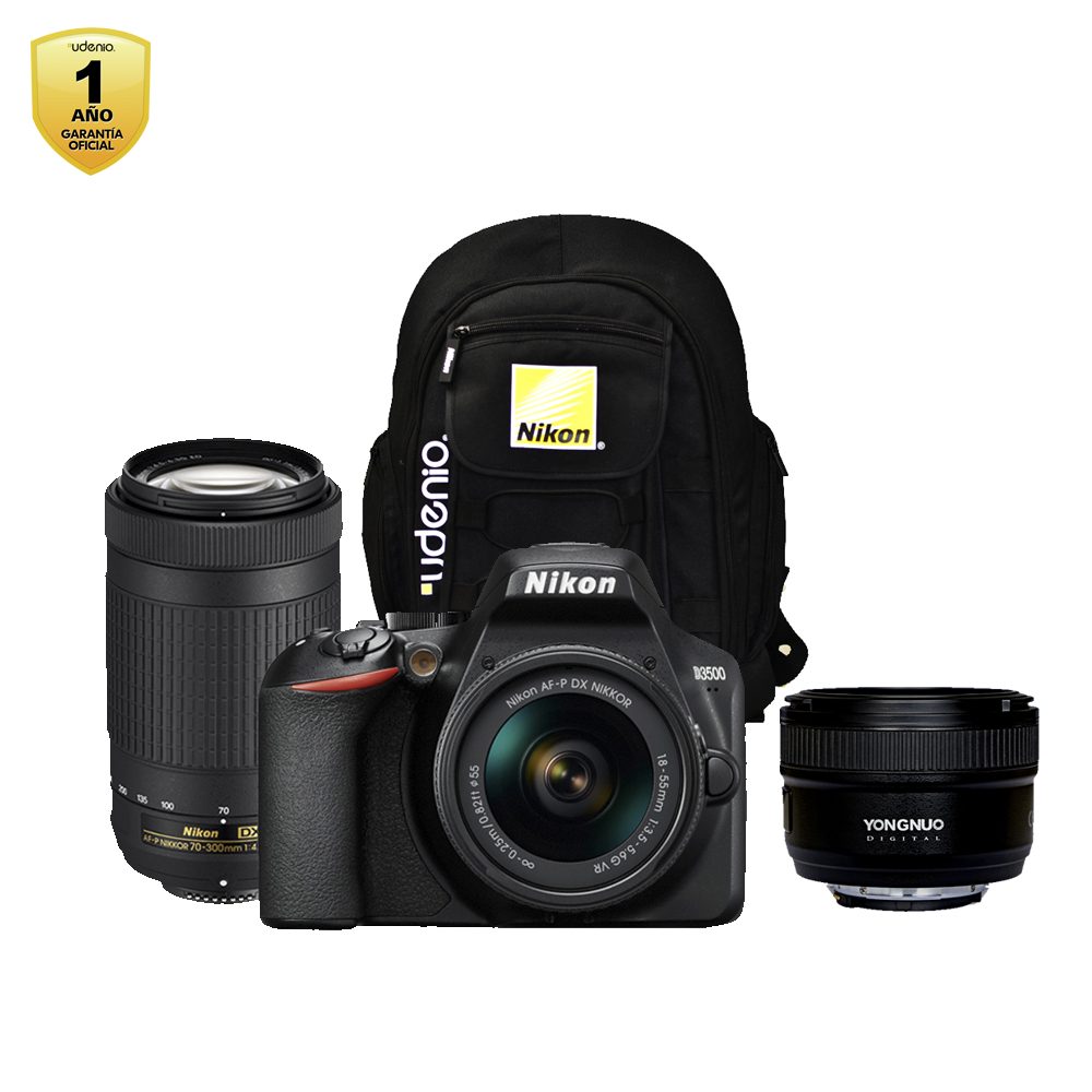 Ripley - CÁMARA NIKON D3500 + LENTES 18-55MM + 70-300MM + 50MM YONGNUO +  MOCHILA
