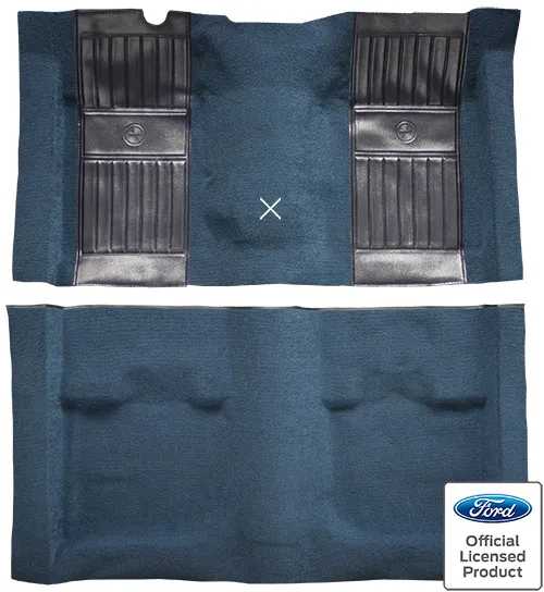 1971-1973 Ford Mustang Mach 1 Carpet Replacement - Nylon - Complete | Fits: Fastback, with 2 Dark Blue Running Pony Inserts with Shifter Cut