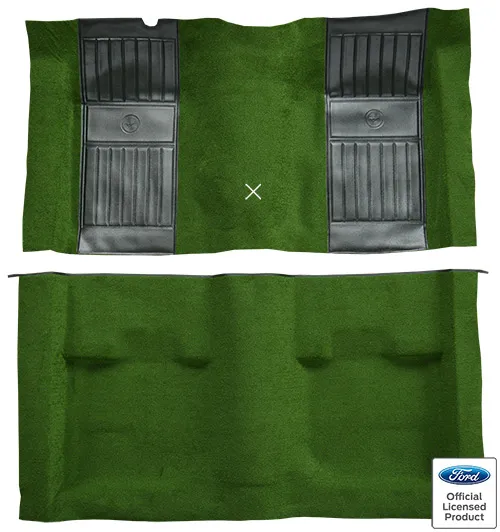 1971-1973 Ford Mustang Mach 1 Carpet Replacement - Nylon - Complete | Fits: Fastback, with 2 Green Running Pony Inserts with Shifter Cut