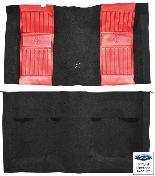 1971-1973 Ford Mustang Mach 1 Carpet Replacement - Nylon - Complete | Fits: Fastback, with 2 Red Running Pony Inserts with Shifter Cut