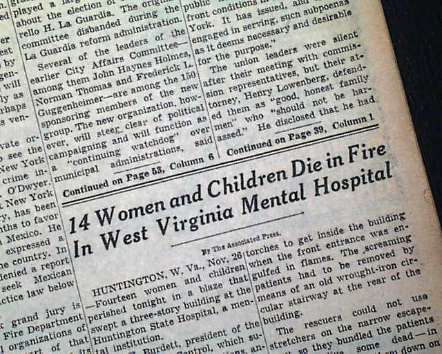 1952 HUNTINGTON WV State Hospital FIRE Old NY Newspaper