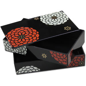 Black KIKU Flower Art Lacquered Large Size 2 Tier Bento Box & Elastic Belt