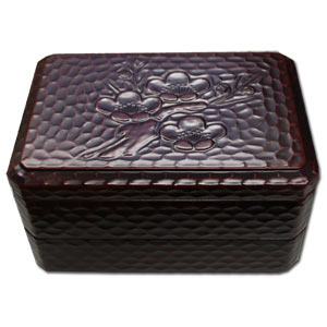 Carved Wooden Lacquered 2 Tier Bento Box & Elastic Band ~ Ume / Japanese Plum