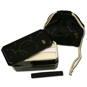 Black WAON Bento Box Set ~ Square 2 tier Bento Box & Chopsticks & Bento Bag