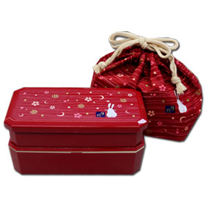 Red Rabbit x Moon Bento Box Set ~ Square 2 tier Bento Box & Chopsticks & Bento Bag