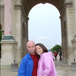 In front of the Louvre by the pink columns