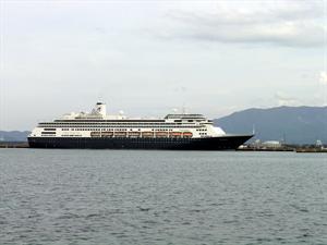 MS VOLENDAM of Holland America (Netherlands); 63,000 tons - 785feet long and 106 feet wide-620 crews- can accommodate 1,440 passengers- total 10 decks; a mid-sized ship fitted for docking at small ports of some cities,I think.