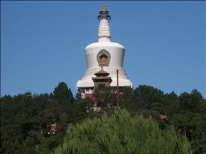 White tower, representing snow, on the island in the middle of Beihai Park