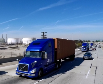 As the platoon made its way down the California highway, staged and unplanned vehicle cut-ins showed the technologies ability to handle common traffic scenarios. Photo courtesy of Volvo