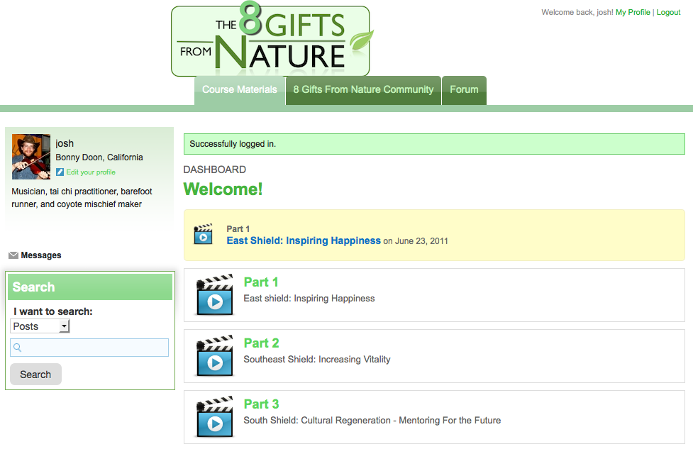 Screen shot of member's area