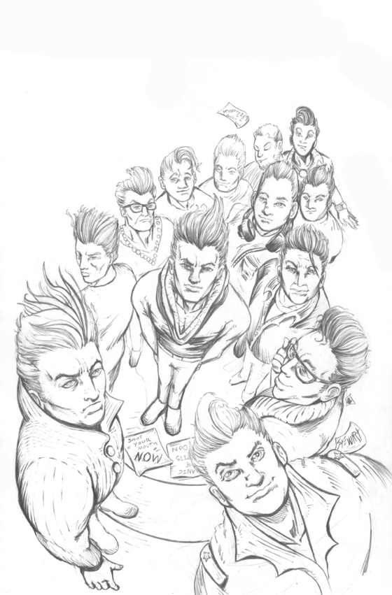 An early draft of the Kickstarter-exclusive cover — illustrations of Smiths cover band lead singers.