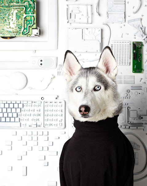 Representing the 1990s, Fernandez styled as the canine companion to Steve Jobs.