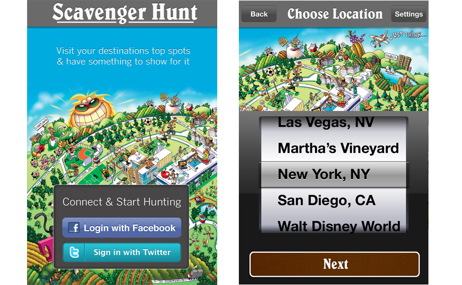 Home Screen with Facebook / Twitter Login to make for easy sharing.  Pick which city you're visiting and we'll help you have a good time.