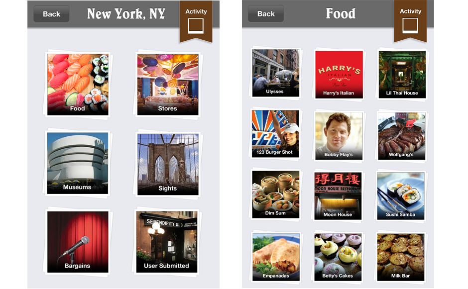 View your adventures broken down by category, and then see all the places you should visit. 