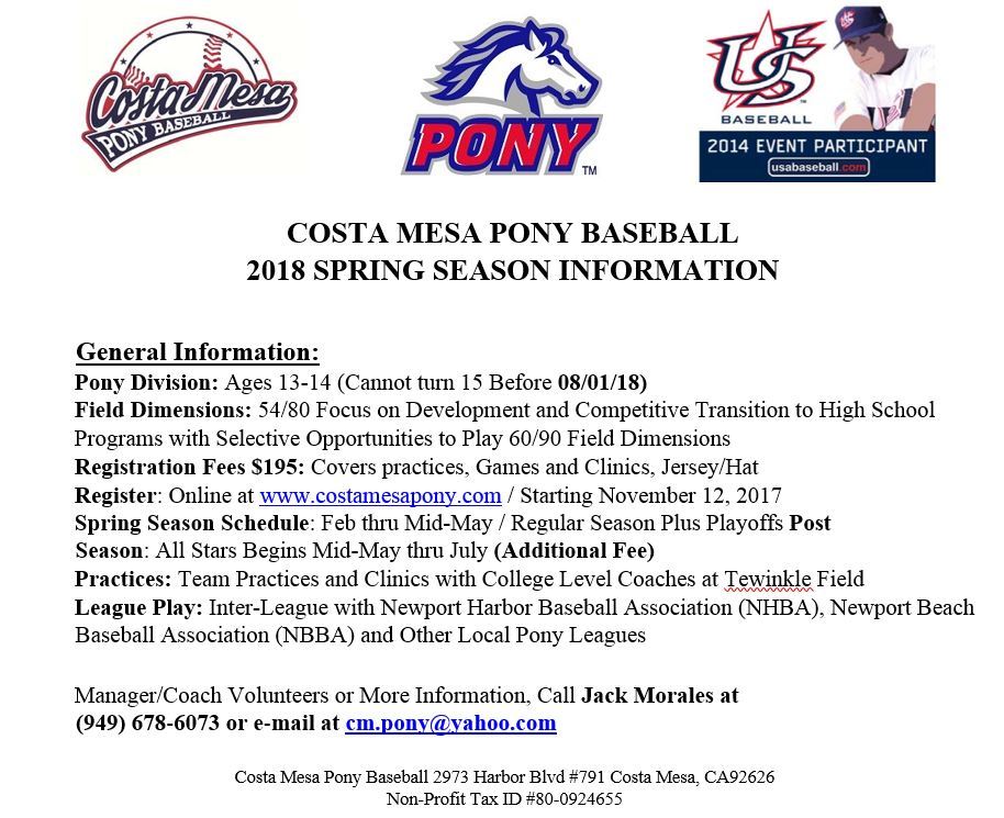 Costa Mesa Pony Baseball Home