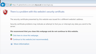 Internet Explorer browser shows error message on page - there is a problem with this website's security certificate. Link options are Click here to close this webpage or Continue to this website.