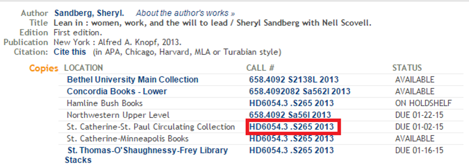 screenshot of a book record from the library catalog with the call number circled in red