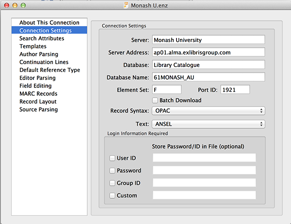 EndNote Monash U connection file settings