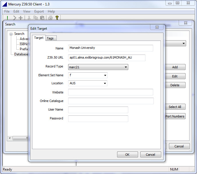 Mercury Z39.50 client settings